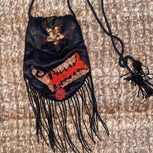 Handcrafted Black Fringe Crossbody Bag with Embroidered Accent